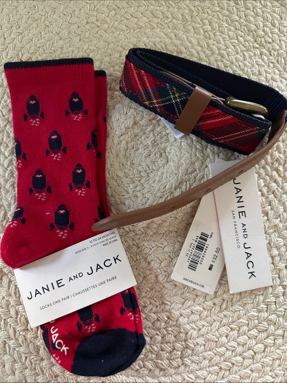 Janie and Jack Red Socks with Navy Rocket Motif paired with Plaid Belt NWT